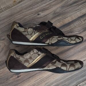 Coach Brown and Gold Logo Slip-On Sneakers